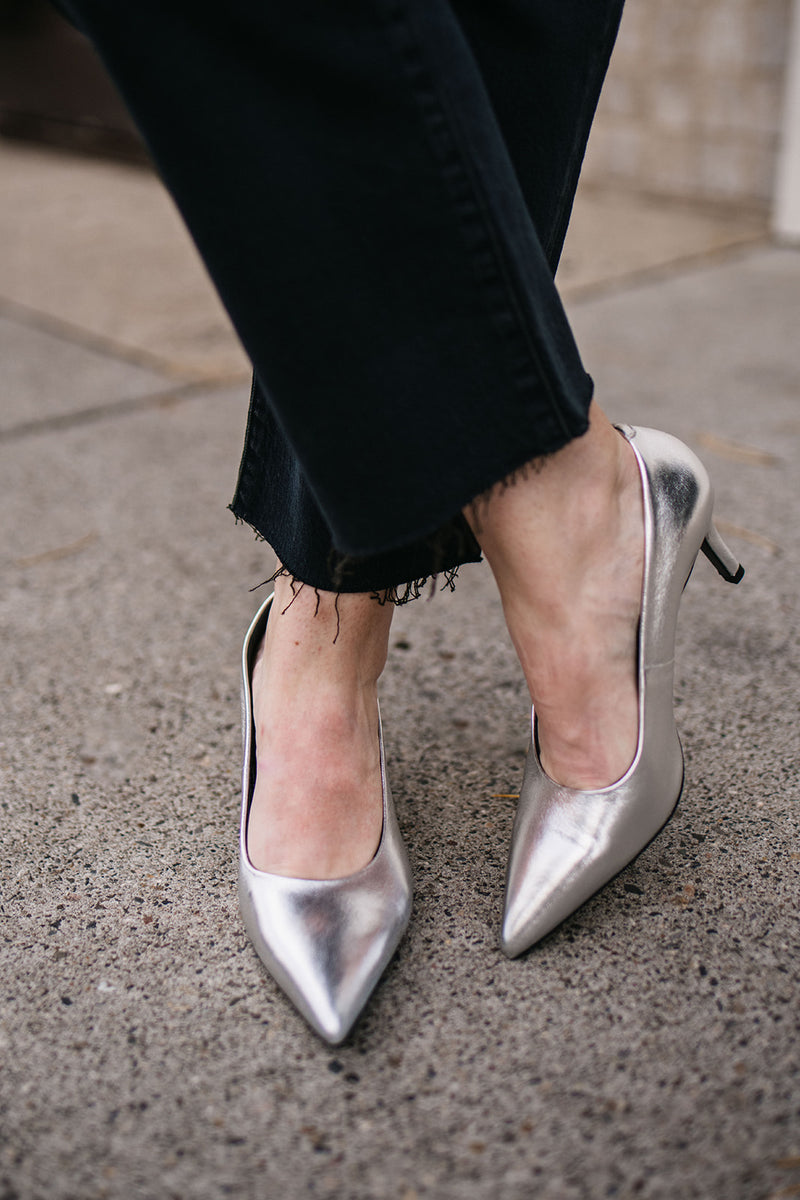 OFFICE Hint Pointed Two Part Court Heels Silver Mirror Perspex - High Heels