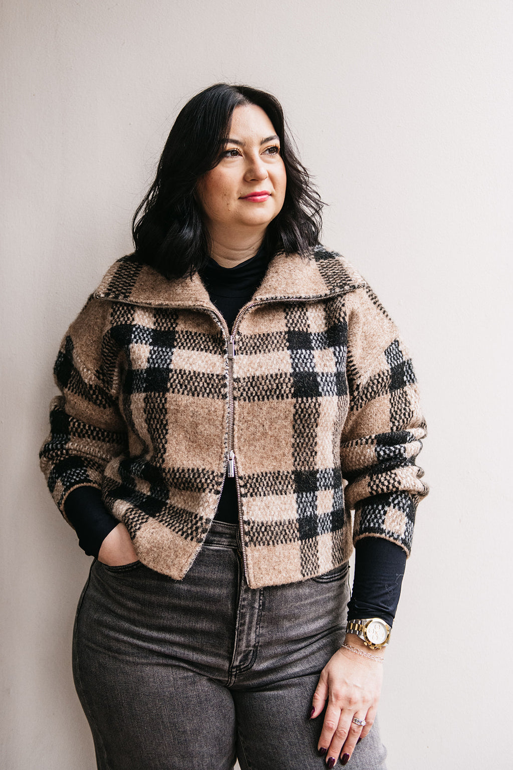 PLAID ZIP FRONT CARDIGAN