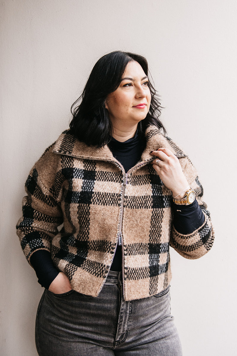 PLAID ZIP FRONT CARDIGAN