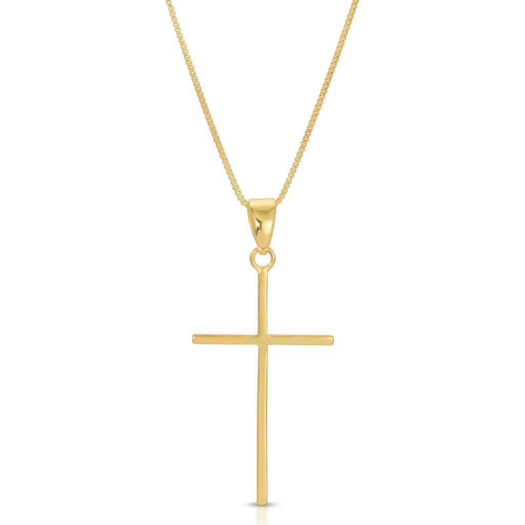 Gold cross pendant on a white background