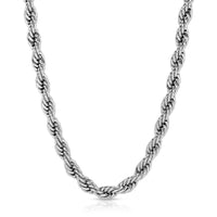 Silver rope chain necklace on a white background
