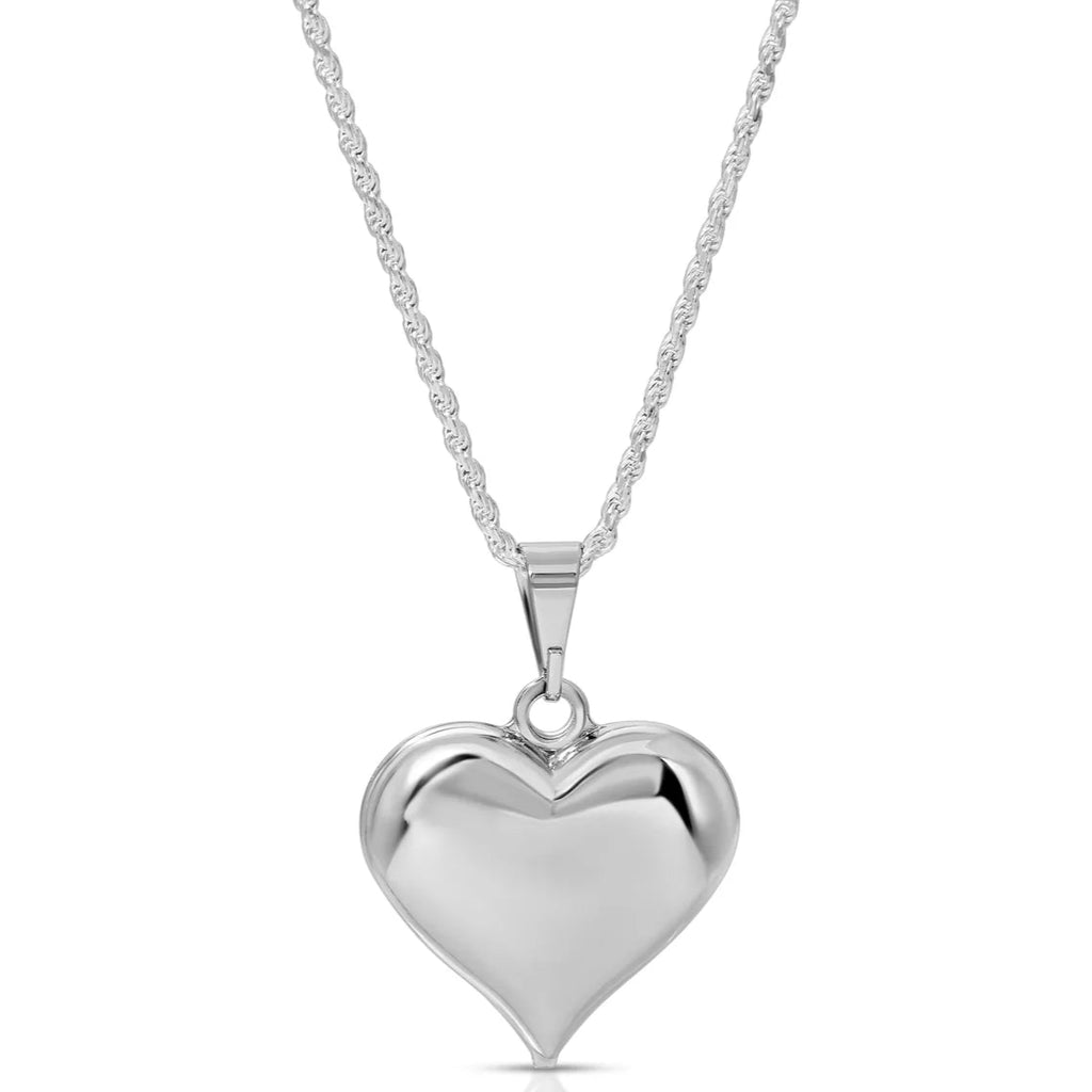 Silver heart-shaped pendant on a chain against a white background.