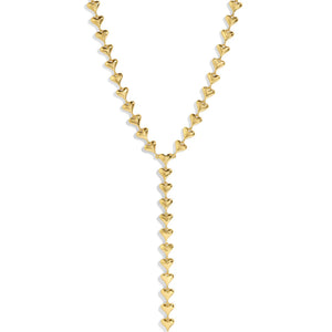 Gold heart-shaped necklace on a white background.