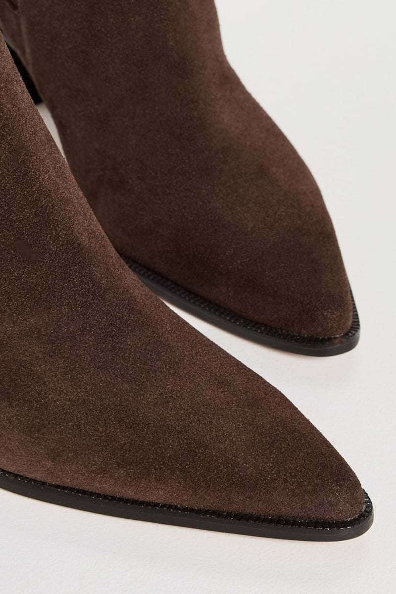 Brown suede pointed-toe boots on a white background.