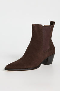 Brown suede ankle boot on a white background.