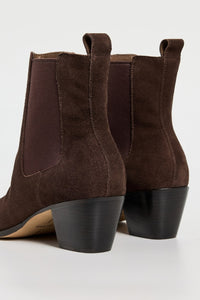 Brown suede ankle boots on a white background.